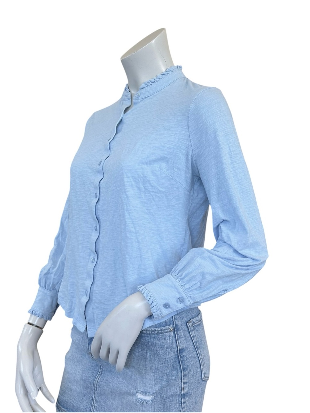 Boden Sky Blue Ruffle Trim Neckline Lightweight Button Down Blouse Size 6 Petite - Picture 6 of 6